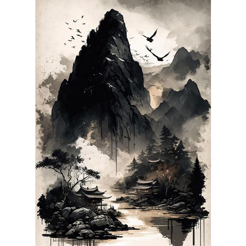 Chinesische Landschaft Paar Vögel Wald Berg Fluss Koi Karpfen Fisch Kunst Poster Drucke Leinwand Malerei Wandkunst Bild Heimdekor