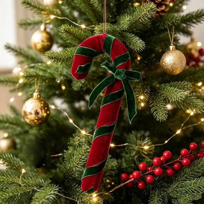 Ready-to-Display Canes Christmas Ornament with Fabric Construction and Ribbon Detail for Gift Boxes and Wreaths