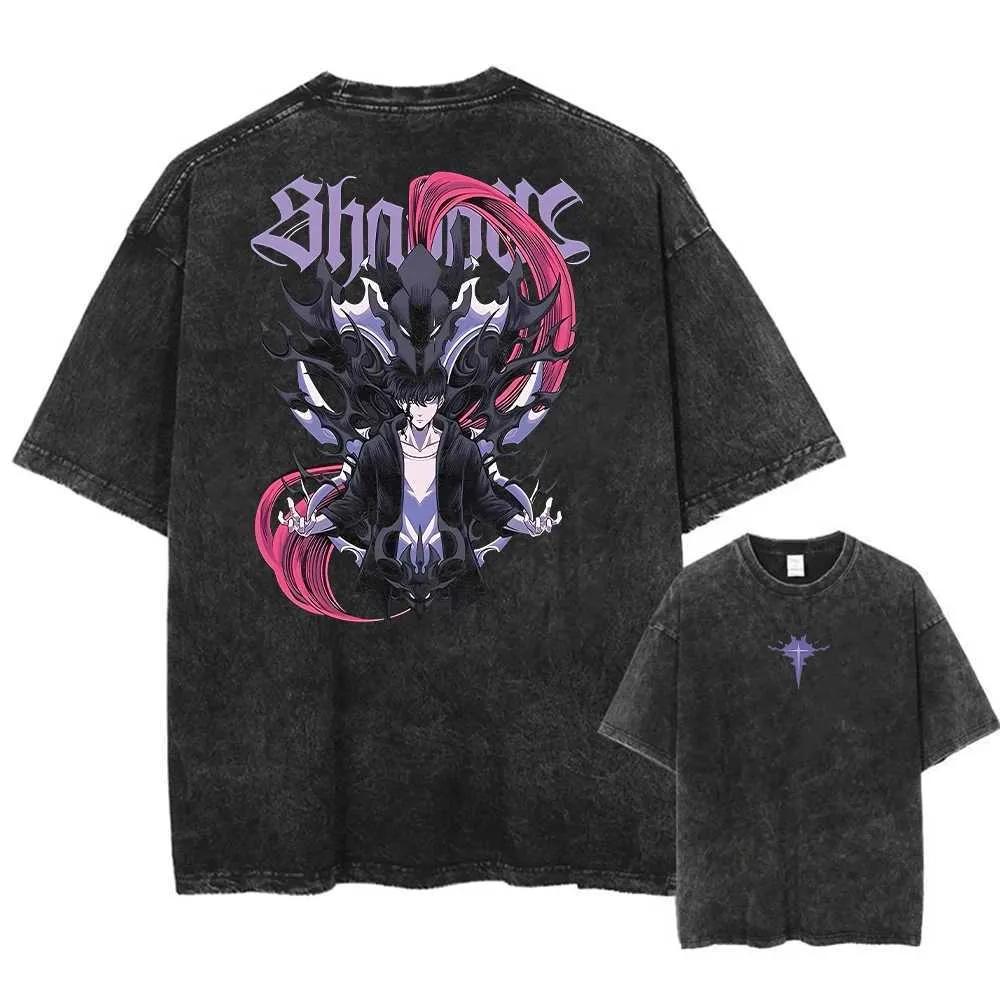 Mens Womens Vintage Washed Cotton T Shirt Streetwear Anime Solo Leveling Graphic Print Tops Harajuku Loose Short Sleeve 681
