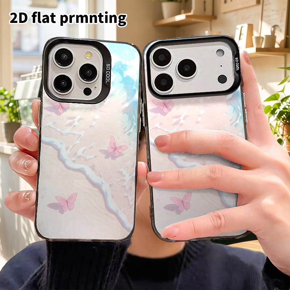 Phone Case: 2D Flat Design, Fits iPhone 18, 17, 16, 15, 14, 13 Pro, Color Silver Protective Case, Couple Style, Seaside Pink Butterfly, Christmas and