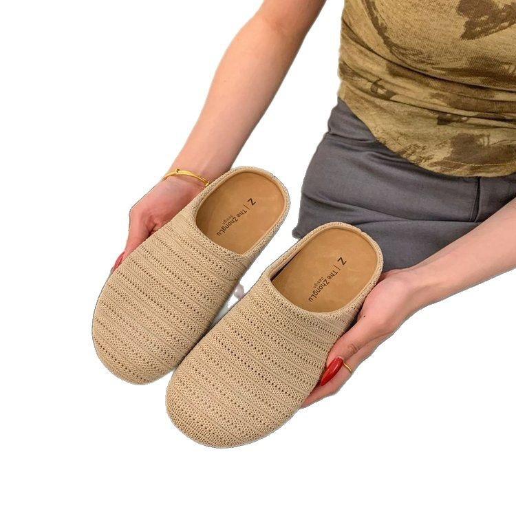 French Niche Hollow Breathable Bag Head Half Slippers Women's Summer New Wear Roman Style Thick-soled Muller Slippers