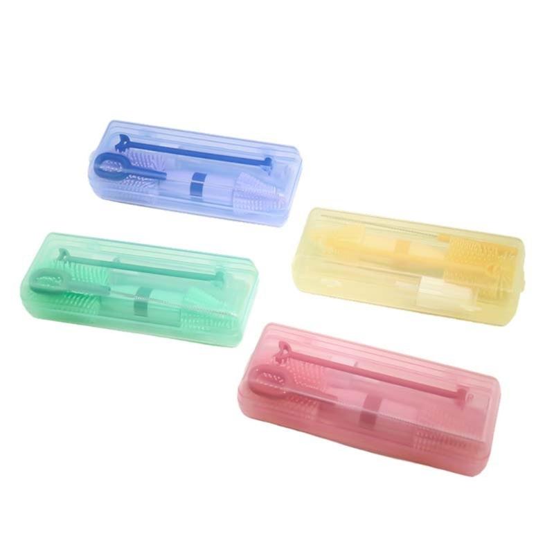 Double Head Infant Bottle Cleaning Brush Kit Flexible Silicone Handle Removable Drying Rack Design Organsier Case