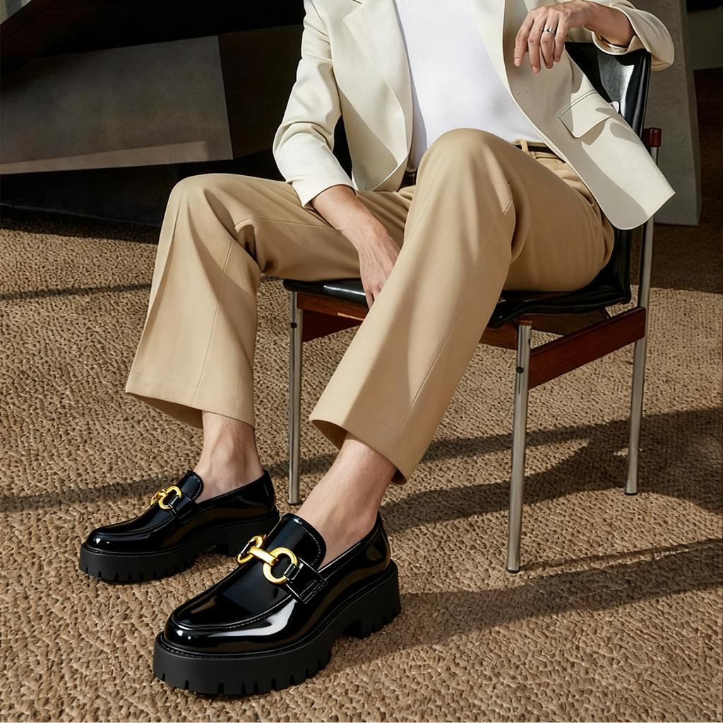 Fashion Thick Sole Men's Penny Loafers Slip-On Business Dress Shoes for Gentleman Metal Buckle Formal Black Glossy Shoes