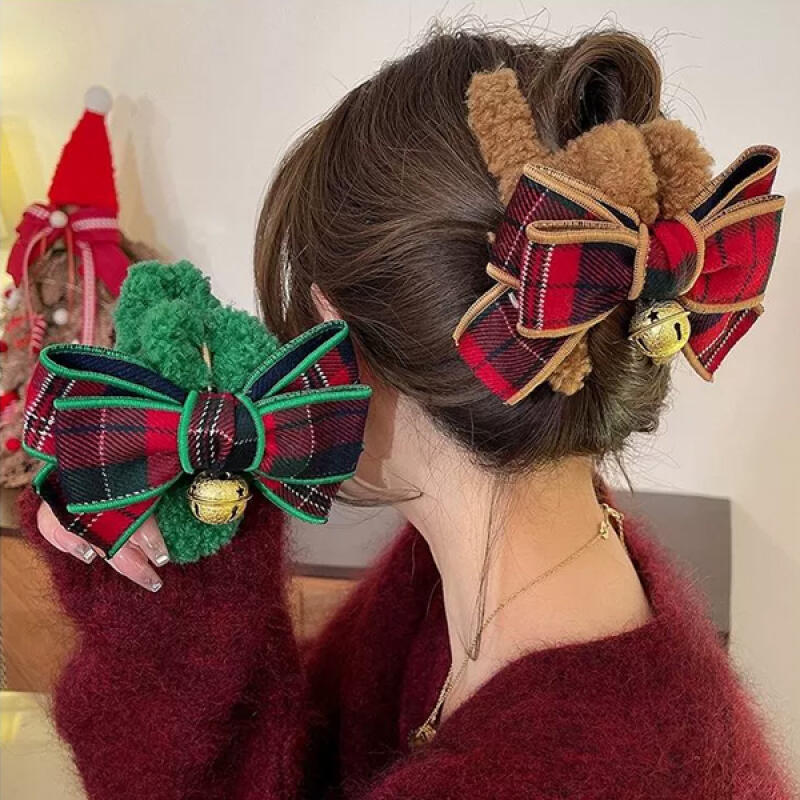 Subiru Tartan Check Fur Ribbon Winter Hair Clip green