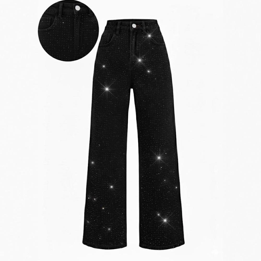 Women's High Waist Straight Leg Jeans Loose Fit Rhinestone Embellished Denim Pants Elegant Spring Wash Wide Leg Trousers