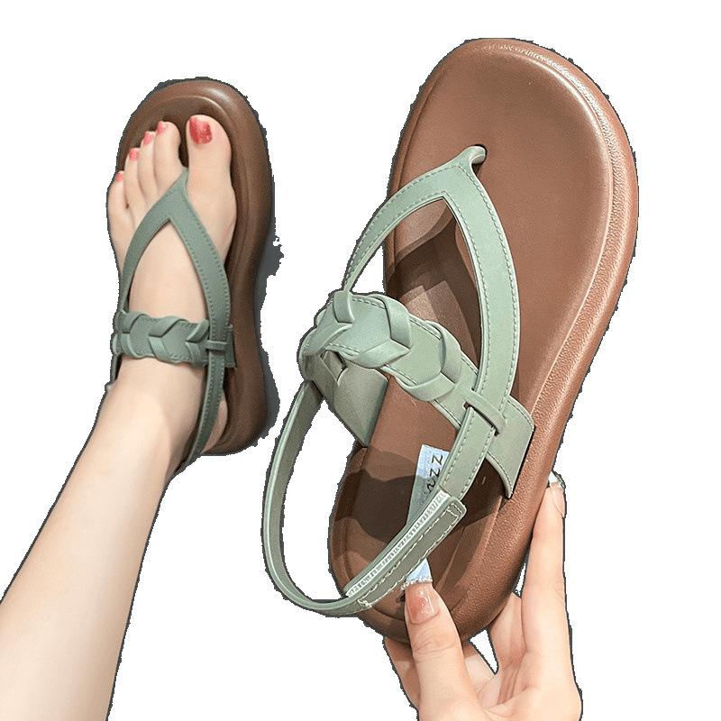 Sandale de vară pentru femei, nou model cu toc plat, talpă moale, stil vânt parfumat, vară, pentru ieșit, culoare uni, pantofi romani, papuci de plajă