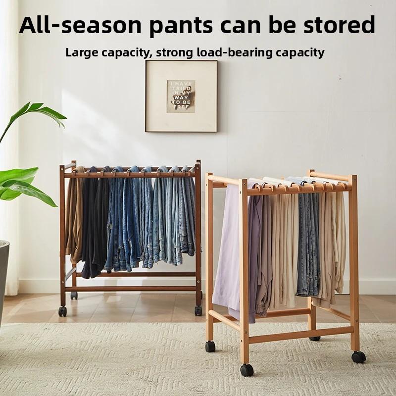 Solid Wood Pant Rack - Foldable Garment Organizer with 10 Hangers, Rolling Trouser Holder for Walk-In Closet, Bedroom & Laundry