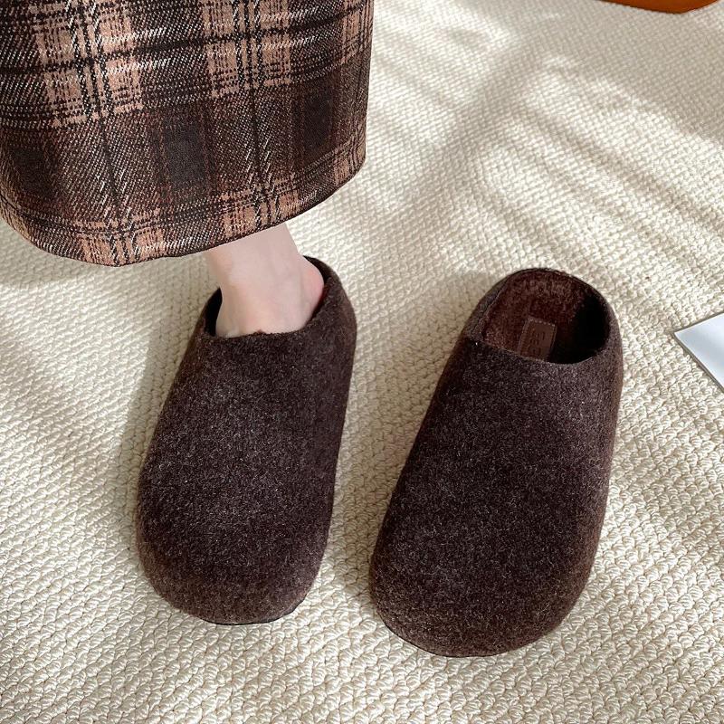 Autumn Winter Women's Mules Slippers Concise Round Toe Platform Flats Outdoor Slides Fashion Slip On Woolen Fabric Shoes