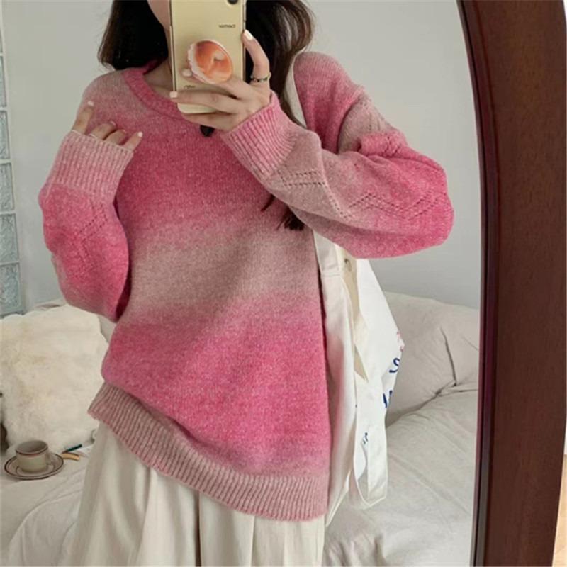 Gradual change color sweater women's autumn and winter new sweet loose lazy style advanced color matching knitted sweater