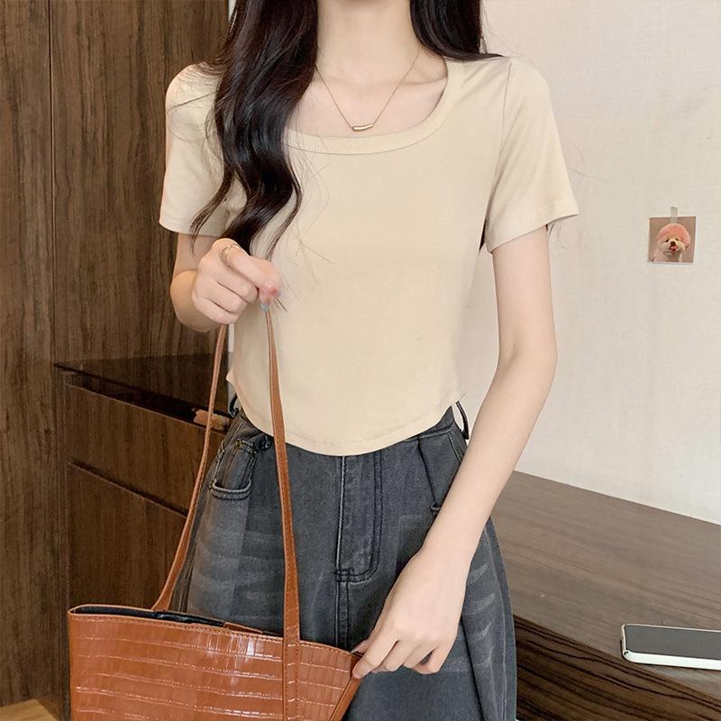 Design niche curved hem round neck short macaron T-shirt female summer hot girl versatile short-sleeved tops
