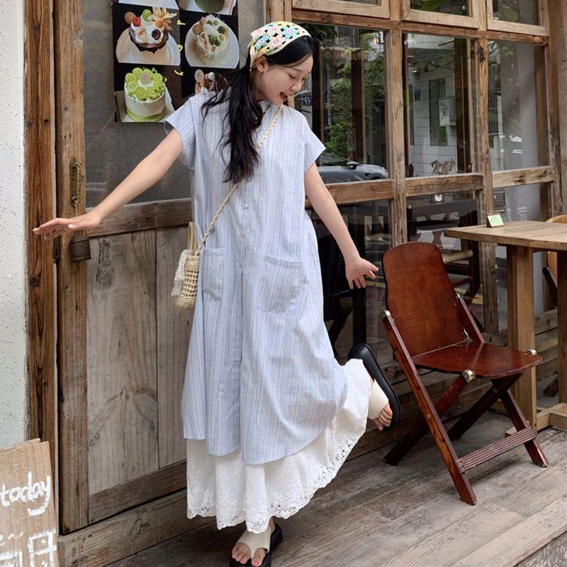

Summer 2026 Plus Size Japanese Sweet Layered Set: Striped Shirt Dress with Wide-Leg Pants Skirt Two-Piece for Women Large