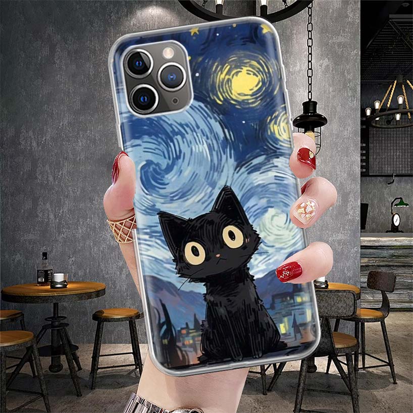 Anime Cute Black Cat Meow Soft Phone Case For IPhone 11 17 Air 16E 16 Pro Max 15 + 14 Plus 13 Mini 12 Apple 7 SE 8 Fundas Coque