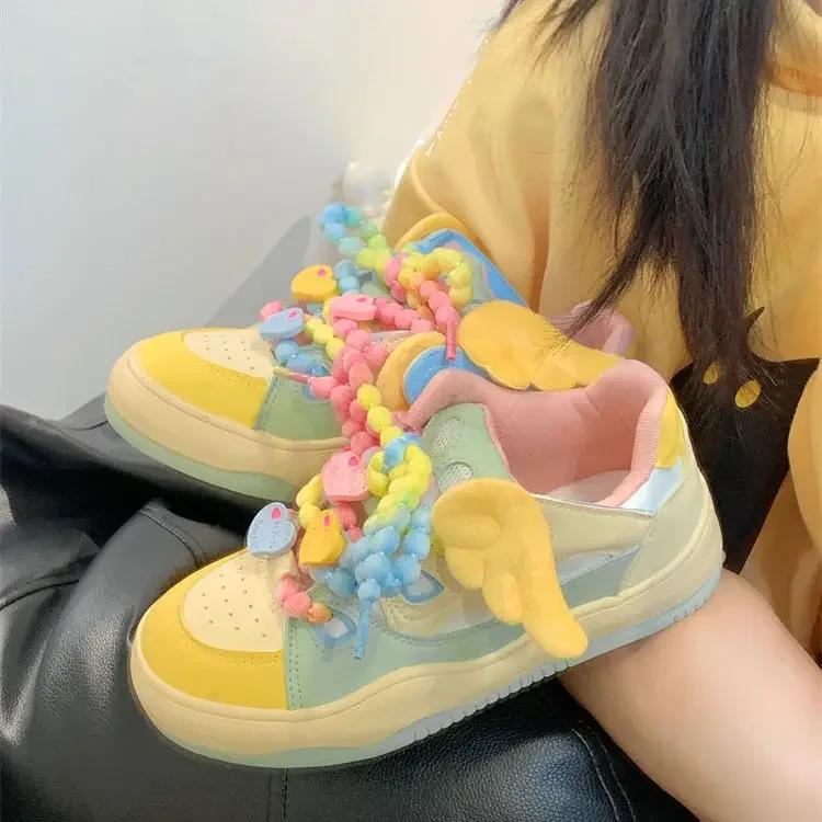 Fashion Sweet Best - Selling Rainbow - Colored Sneakers, Wing & Bead & Heart Detail, Ideal for Cute Daily Looks