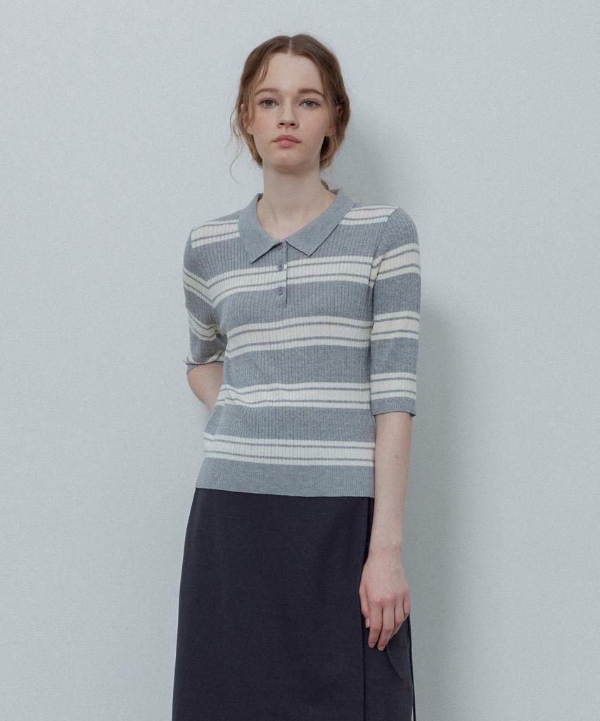 LE STUDIO Striped Collar Button Knit_Gray