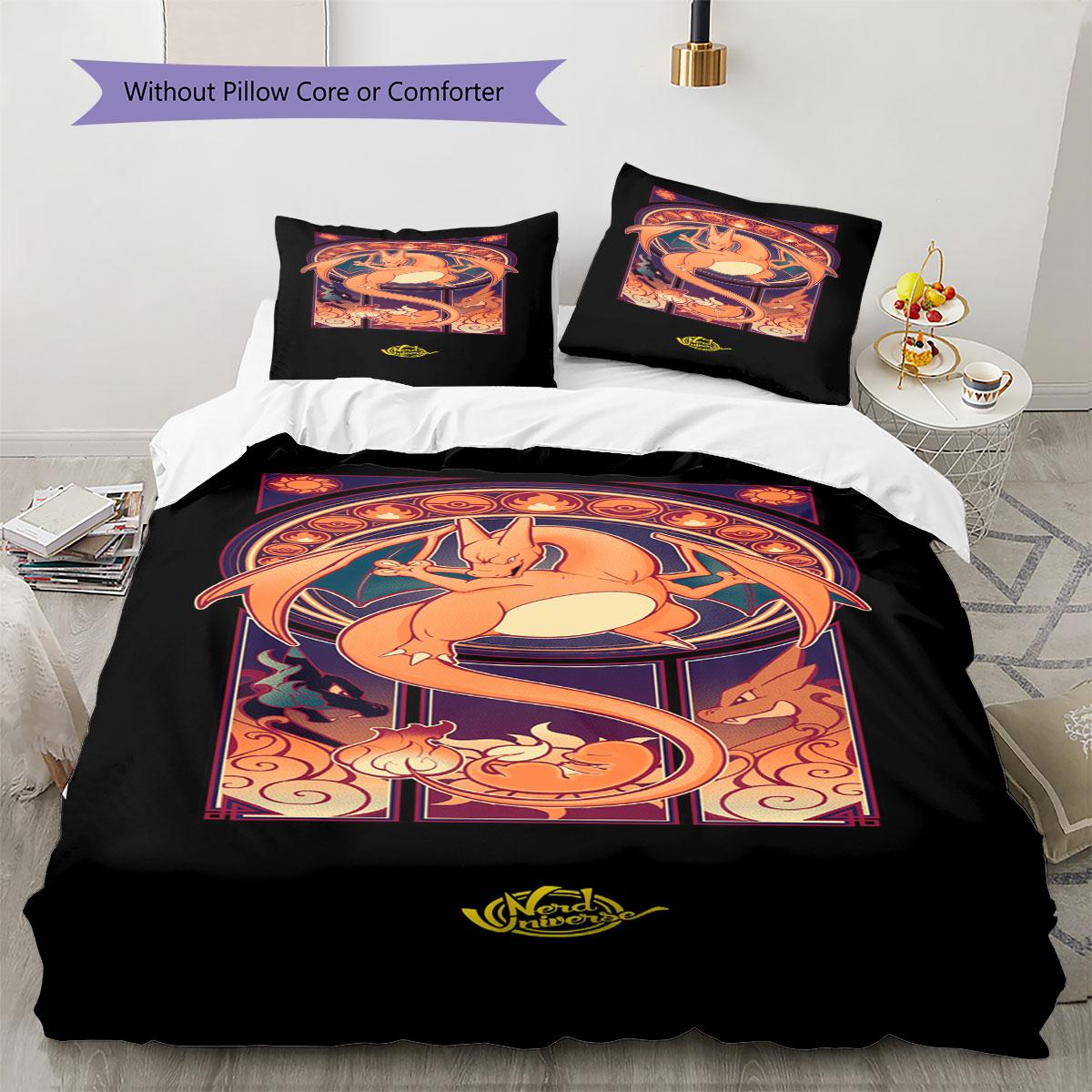 Pokemon Charizard 3Pcs Duvet Cover Set Fire Dragon Cartoon Print Soft Bed Linen Home Decor 135x200cm