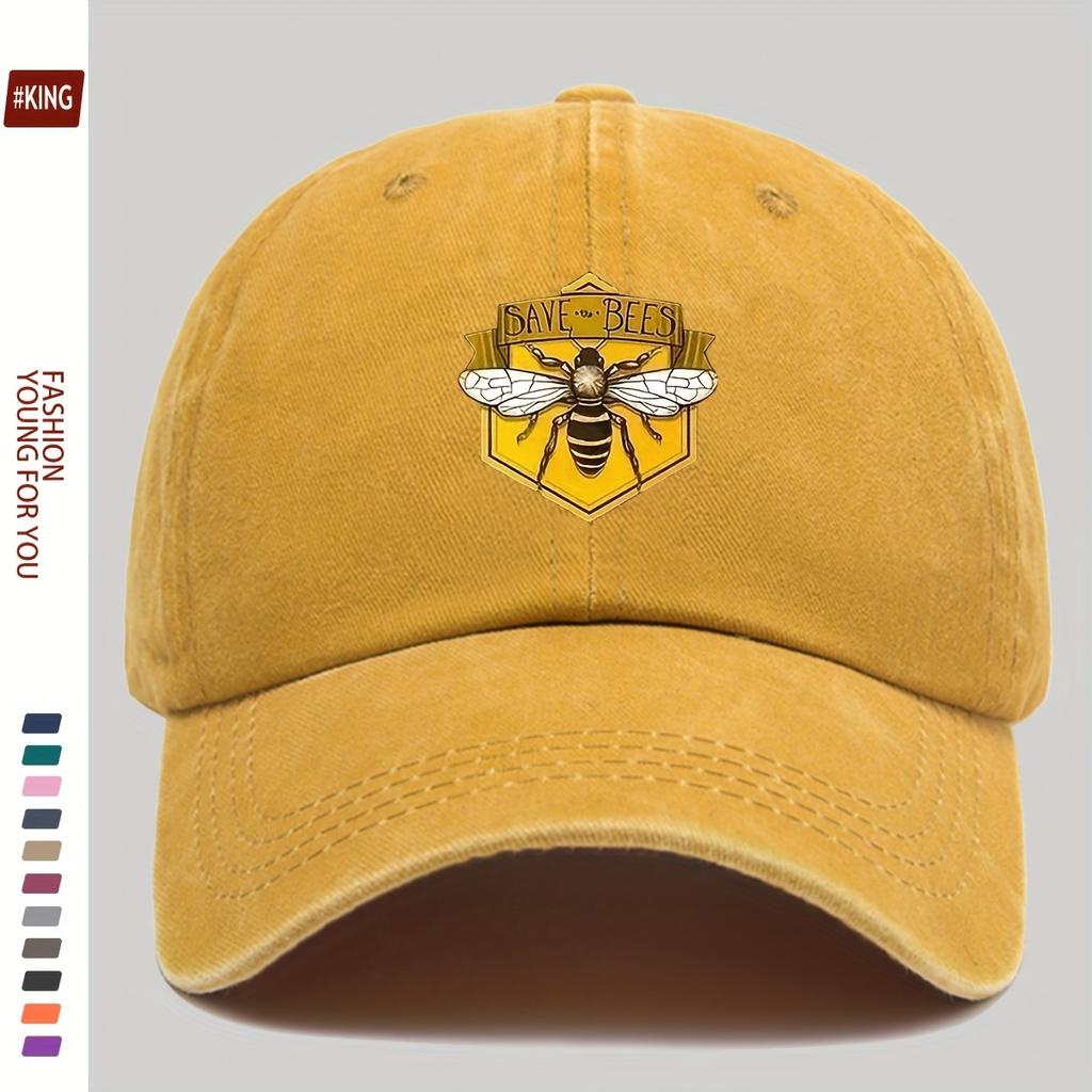 Retro bee patterned printed baseball cap with adjustable breathability and sun protection for street skateboarding couples