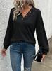 Women's V Neck Long Sleeve Top Loose Fit Urban Solid Color Button Decor Knit Blouse