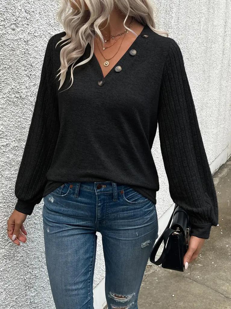 Women's V Neck Long Sleeve Top Loose Fit Urban Solid Color Button Decor Knit Blouse
