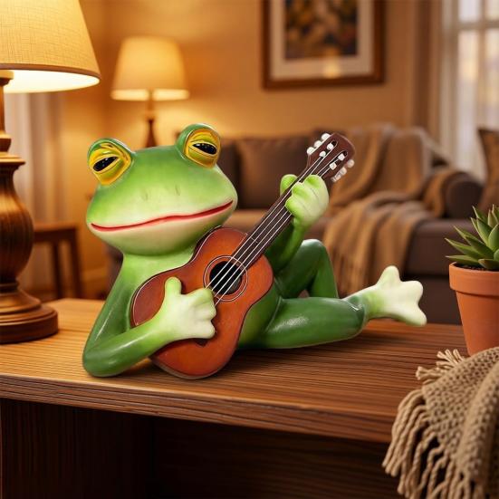 Yousheng Guitar Player Frog Statue Resin Lying Frog Ornament Garden Frog Figurine for Plant Pot Outdoor Indoor Shelf Desk