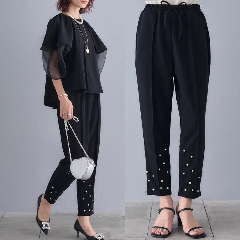 

Женские брюки с завязками и жемчугом для весны и лета Extra Large чёрный