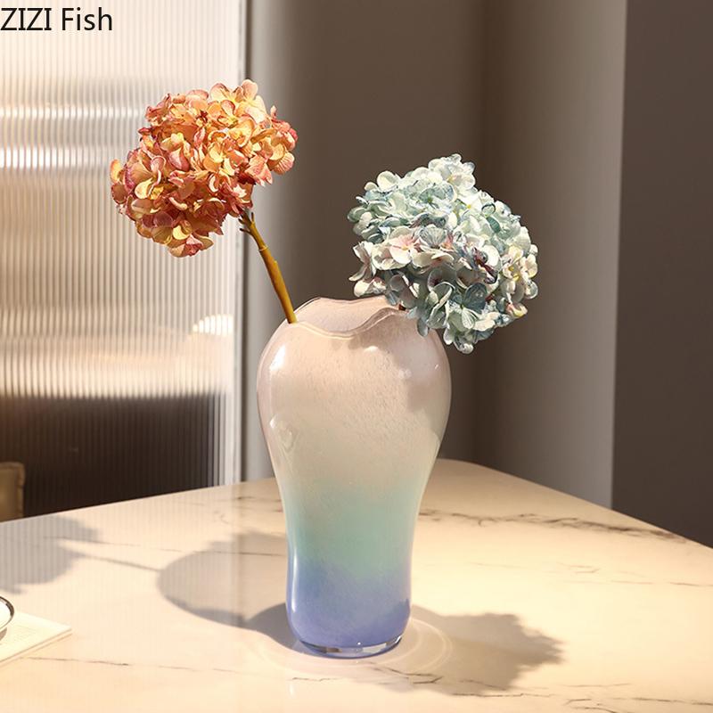 Cute Pink Blue Gradient Glass Vase Hydroponics Plant Pots Table Decoration Flower Arrangement Floral Vases Room Aesthetic Decor