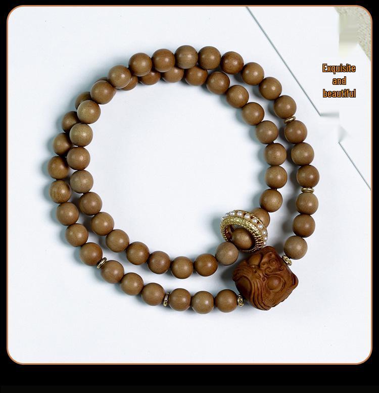 Indian Sandalwood Multi-Circle Bracelet with Horse Racing Ring - Retro Chinese Style Buddhist Prayer Beads.