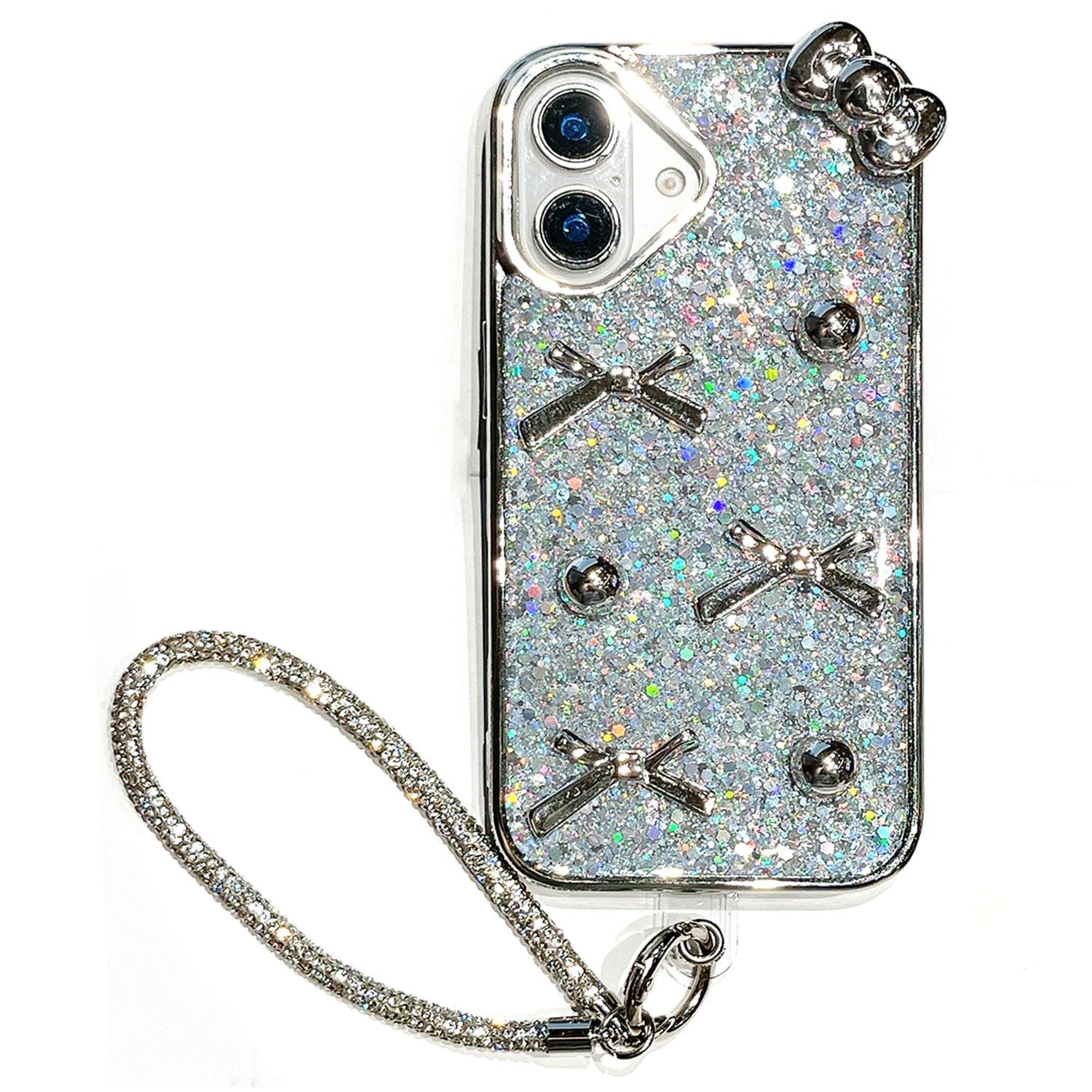 

For iPhone 16 Case Hybrid Phone Cover with Strap Electroplated Bowknot Silver Pearl Glitter Epoxy Design A