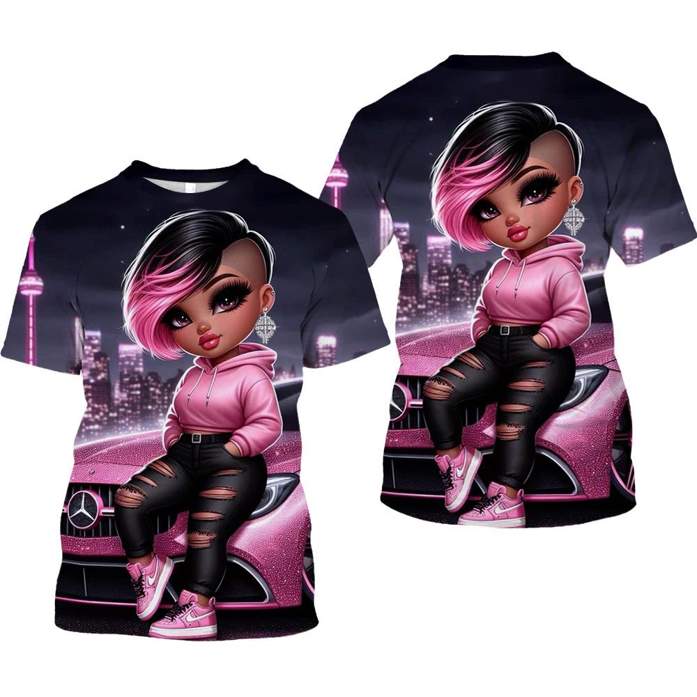 

Round Neck 3D Cartoon Girl Pattern Printed Casual Short Sleeved Children s Boy T-shirts - Medium Stretch Polyester Fabric Summer Relaxed Fit Clothing 170