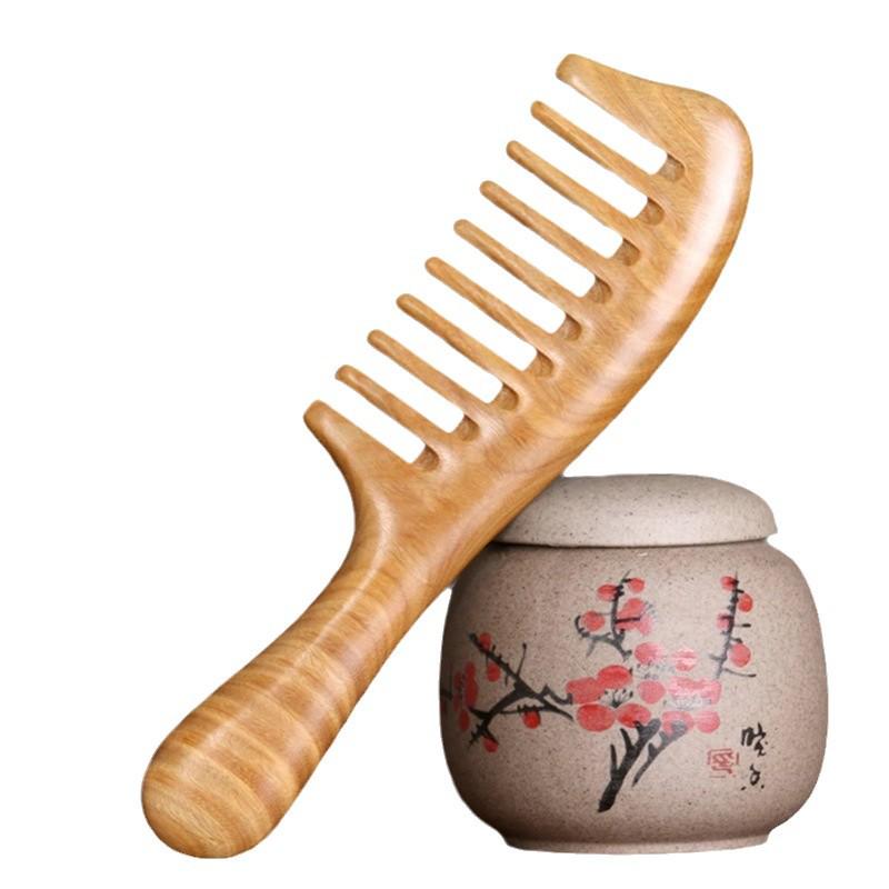 Green Sandalwood Long Handle Comb for Straight & Curly Hair - Traditional Wooden Craft Gift