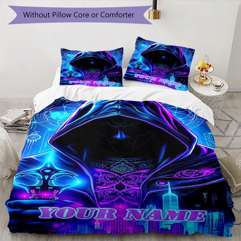 3pcs Custom Name "Neon Urban Figure" Bedding Set Printed Bedding Set Duvet Cover Closure Includes 1 Duvet Cover & 2 Pillowcases Bedroom Decor