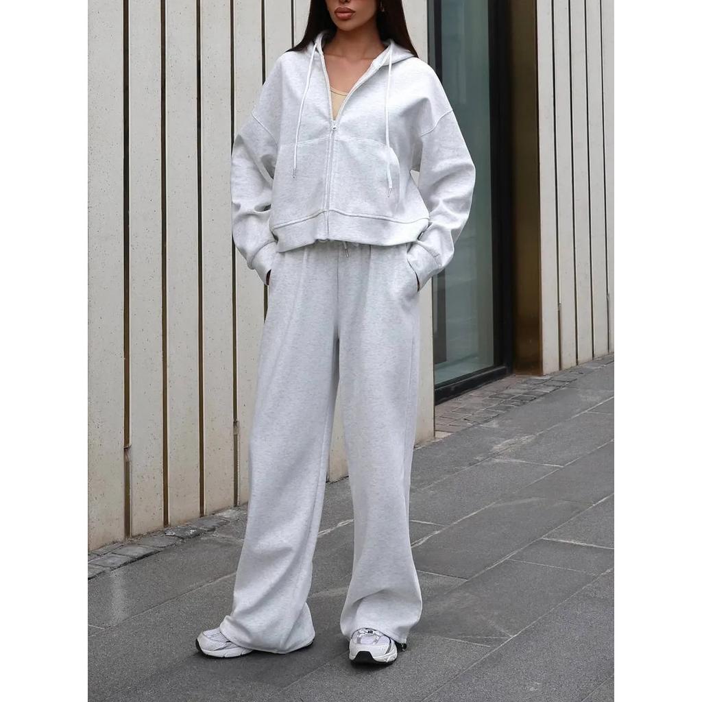 Sports Suit Long Sleeved Zipper Cardigan Hooded Sweatshirt with Zip Ties Long Pants Two-piece Cotton Set