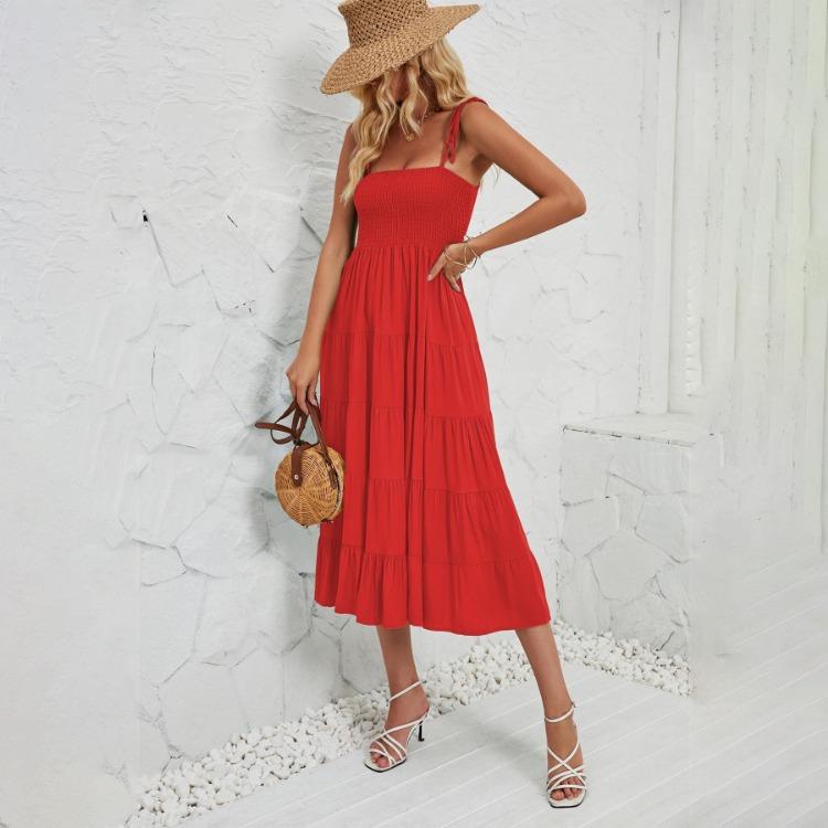 Halter Women Solid Color Summer Sleeveless Dress Knee Length Elegant Casual Pleated Square Neck