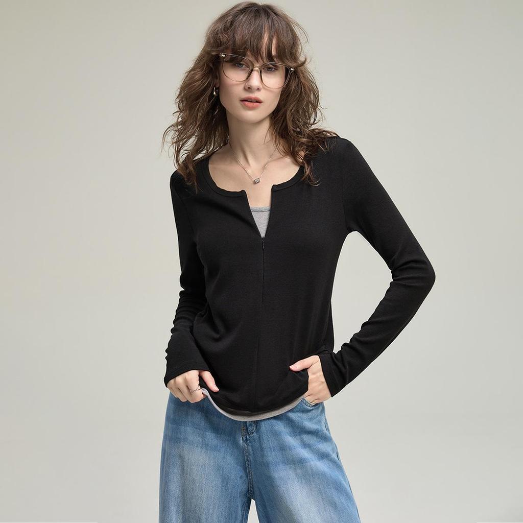 Women's Half-Zip Two-Piece Design Long-Sleeve T-Shirt – Autumn 2025 Collection, Soft & Slim Fit