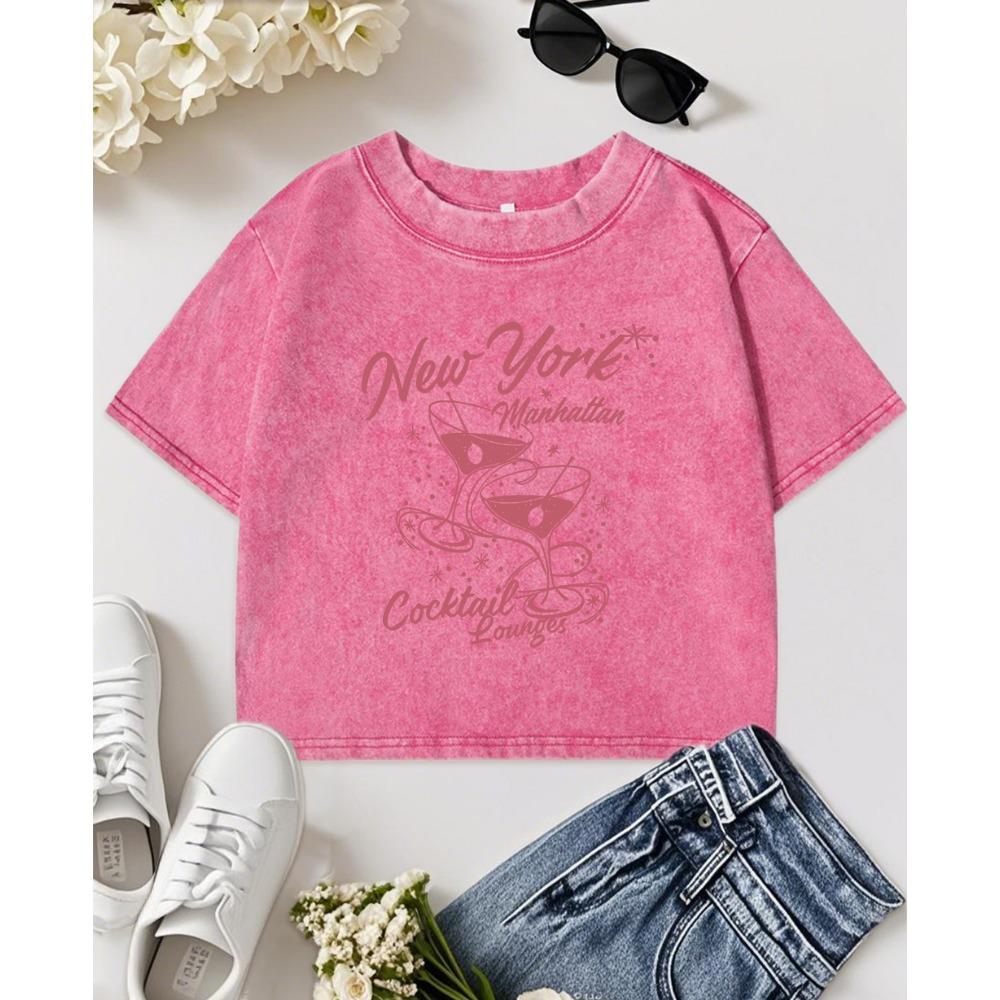 New York Manhattan Cocktail Louges Print Women Washed T-Shirt Crop Tee Shirt Crewneck Soft Clothing Cotton T Shirts