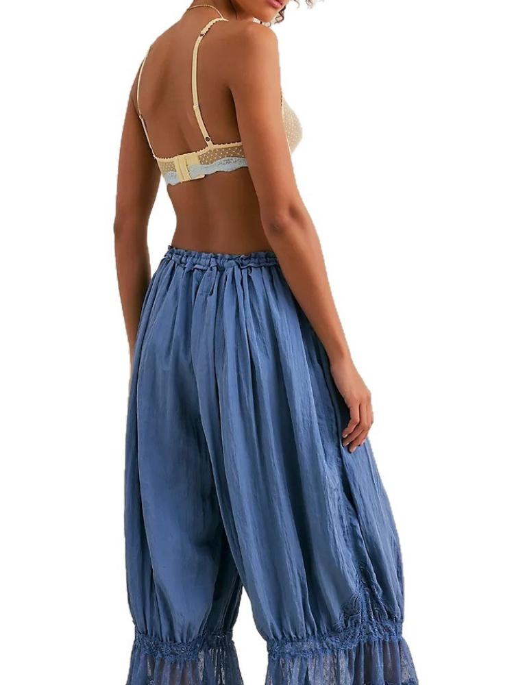 High Waist Wide Leg Pants with Lace Trim, Casual Boho Palazzo Trousers for Women
