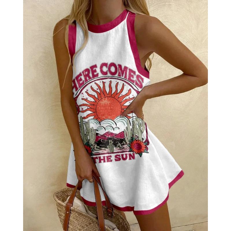 Round Neck Sleeveless Ocean Element Casual Women's Dresses