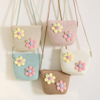 Sac à Bandoulière Enfant Fille Tressé Fait Main Sac en Paille Fleur Zipper Portefeuille Sac à Main Bandoulière Été Plage Accessoires Photo