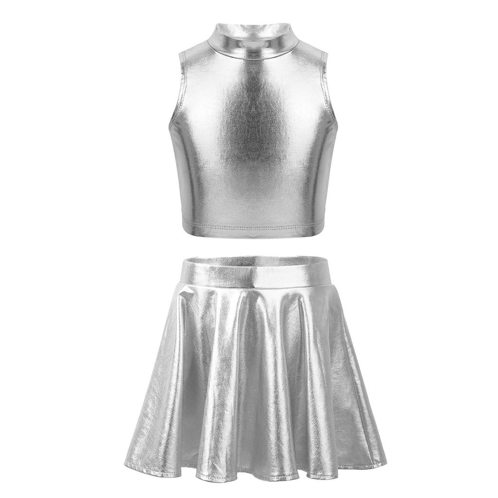 Girls Metallic Sleeveless Turtleneck Top Flared Pleated A-Line Mini Skort Skirt Casual Outfit