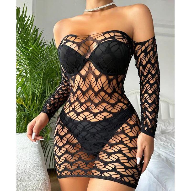 Lingerie Women Dress Sleepwear Hip Skirt Long Sleeve Hollow Mesh Fishnet Dress Nightgowns Dresses Swimwear Net Underwear