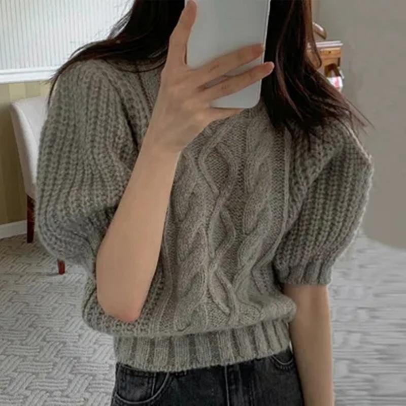 Korean Fashion Twist Crew Neck Short Sleeve Sweater Retro Women Puff Sleeve Sweet Tops Elegant Loose Casual Simple Solid Color Office Sweaters