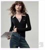 Women's Autumn 2025 Slim Fit Polo Collar Color Block Long Sleeve Top