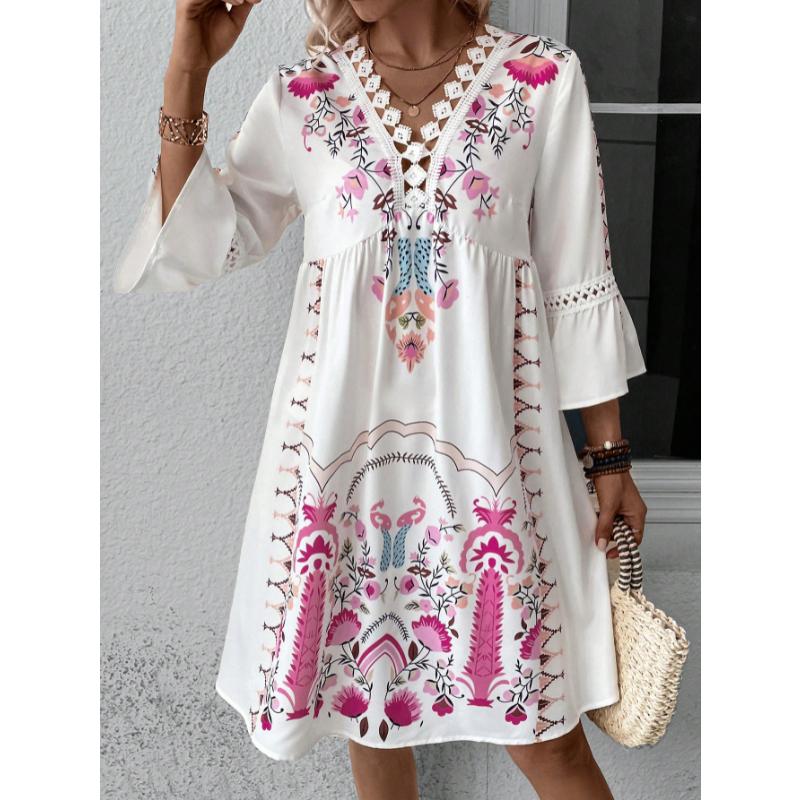 Women's V-Neck Lace Trim Printed Midi Dress, Short Sleeve Casual Floral Summer Dress for Daily Wear