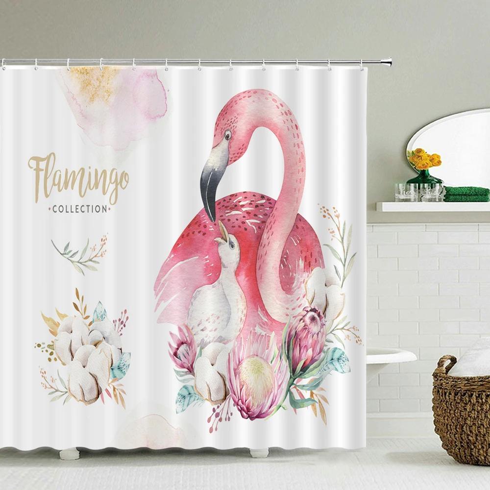 Tropical Plant Flamingo Shower Curtains Green Leaves Waterproof Polyester Fabric Home Decoration Bath Screen Bathroom Accessorie