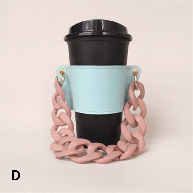 Fashion Custom Reusable Portable Leather Chain Cup Cover Case Takeaway Hold Milk Tea Drinks Coffee Cup Sleeves with Handle Chain
