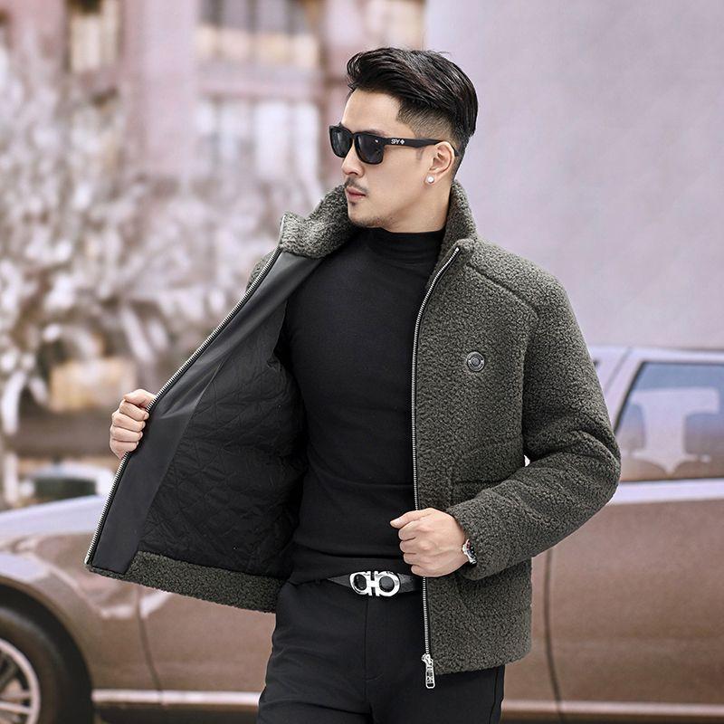 Jaquetas de Pele de Cordeiro Masculinas para Outono e Inverno, Jaquetas Casuais da Moda Masculinas com Gola Alta, Casacos Espessos de Lã Granulada