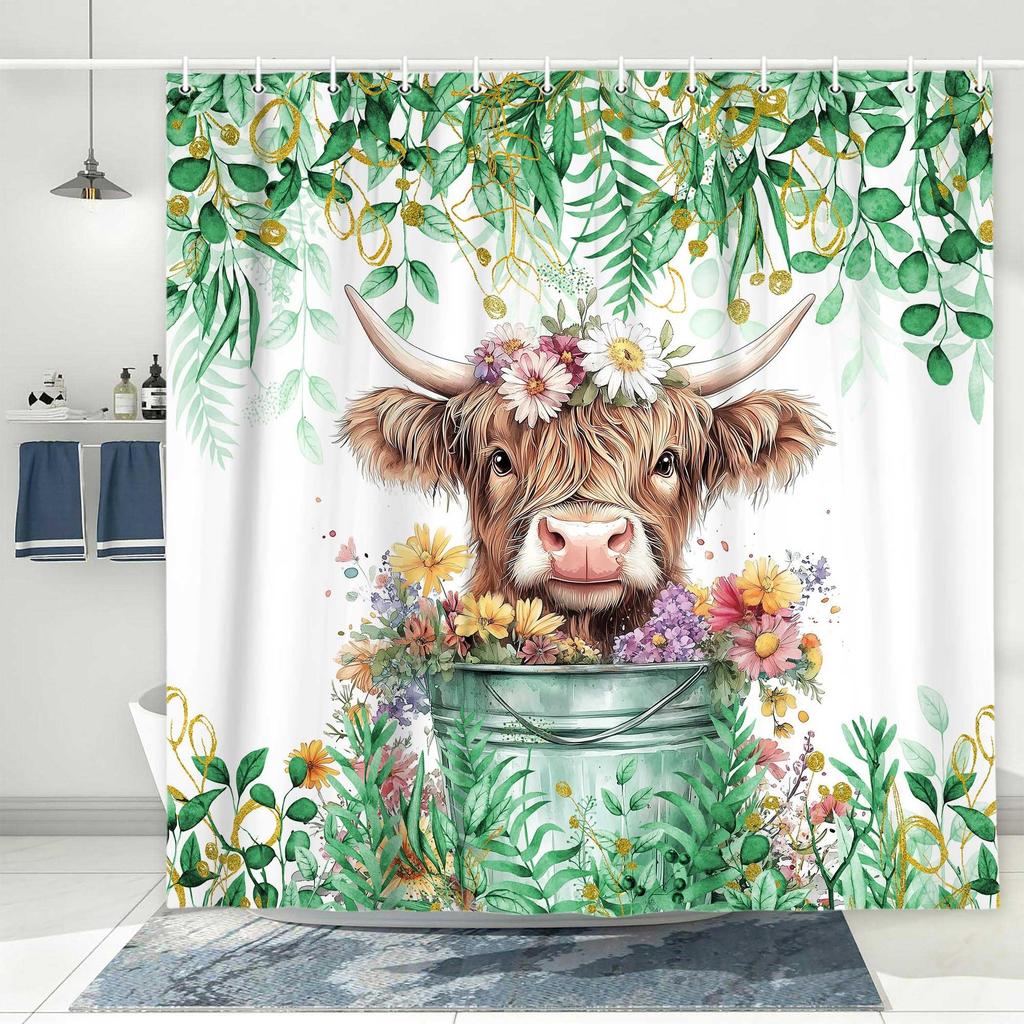 Gray Eucalyptus Highland Cattle Shower Curtain Watercolor Plant Flower Farmhouse Shower Curtain Plant Bathroom Curtain Set With Hook