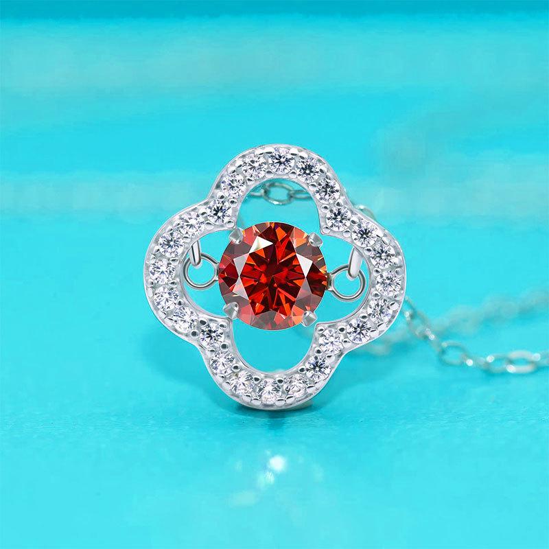 S925 Silver Dancing Heart Moissanite Necklace: Women's 50-Point Colored Moissanite Clover Pendant on Clavicle Chain