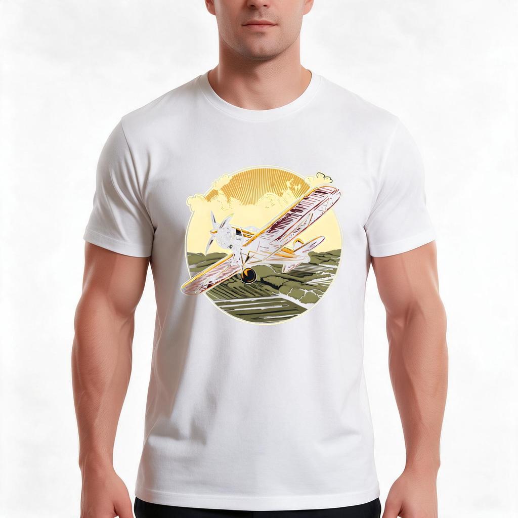 A Vintage Biplane Soaring Over A Countryside With A Propeller Spinning In Motion Tshirt Summer Casual Cotton Tee 100 Cotton