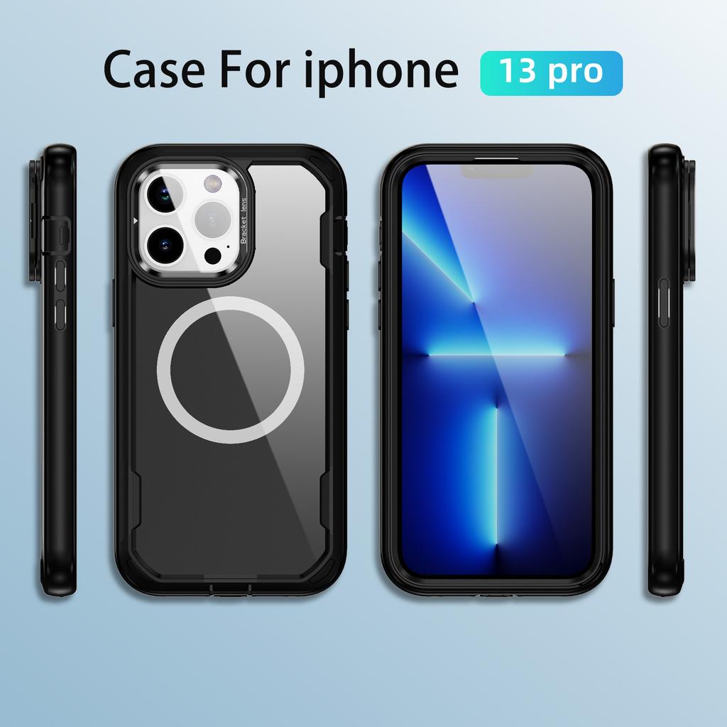 For iPhone 13 Pro Case Compatible with MagSafe Lens Frame Kickstand TPU + PC Shockproof Phone Cover