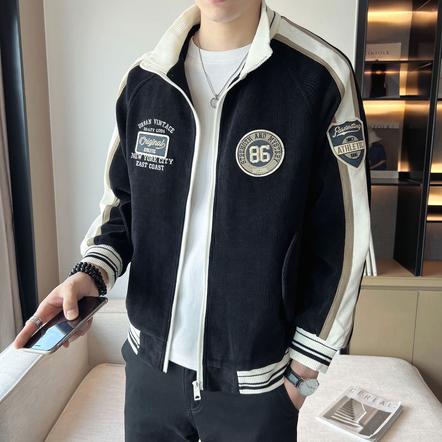 

Trendy Windproof Men s Long Sleeved Jacket with Label Contrasting Color Texture Fabric Loose Stand Up Collar Jacket XXXL чорний